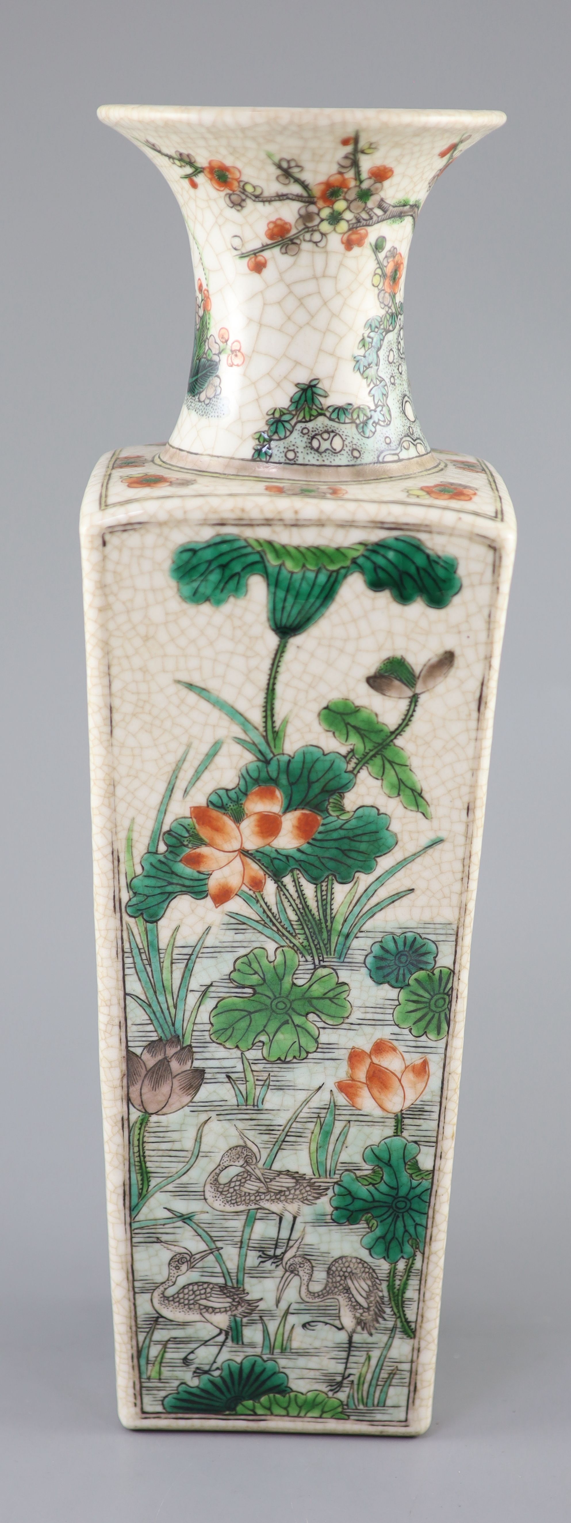 A Chinese famille verte crackle glaze square vase, late 19th century, 40cm high
